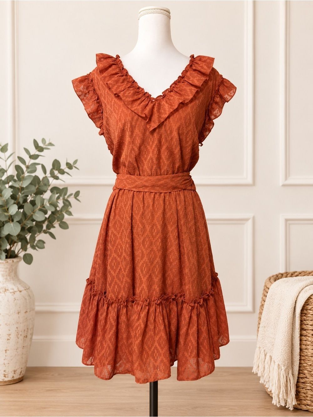 Ryegrass Women’s XXL Rust Orange Ruffle Tie Waist Boho Dress